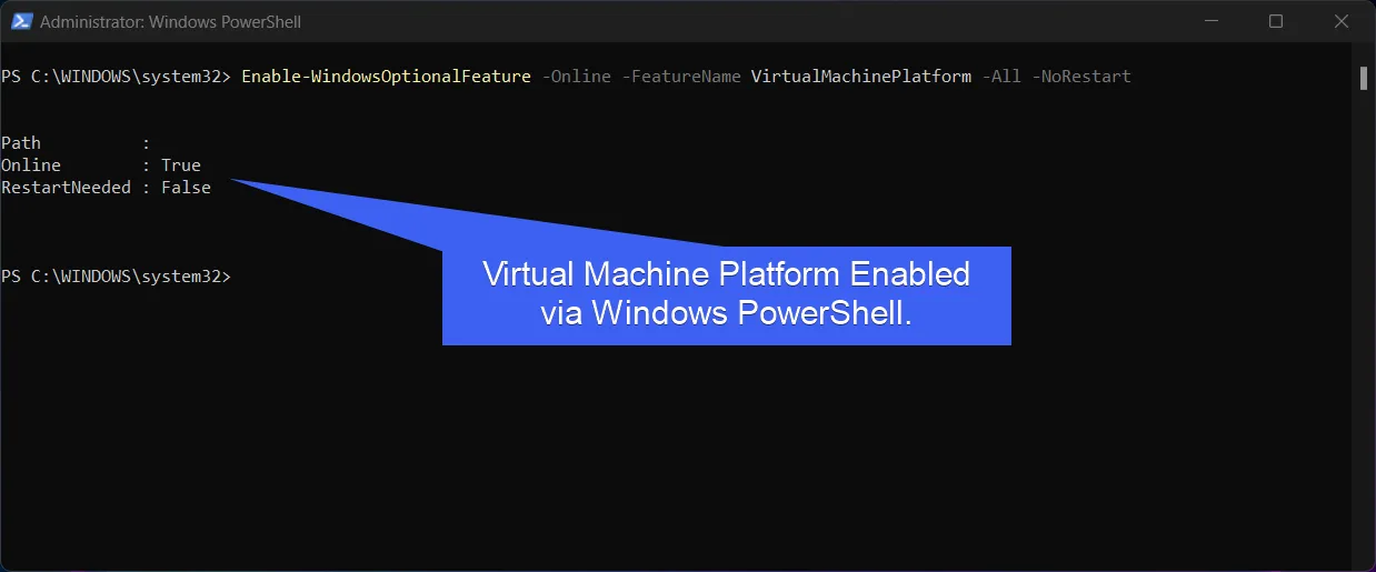 Virtual Machine Platform Enabled via Windows PowerShell