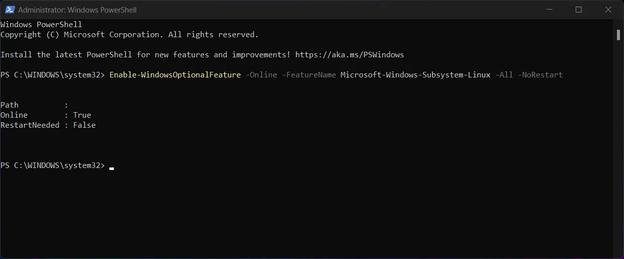 WSL 2 Enabled via PowerShell