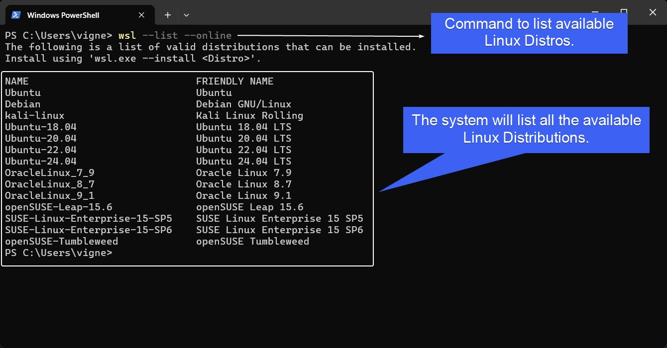 WSL listing all available Linux Distros