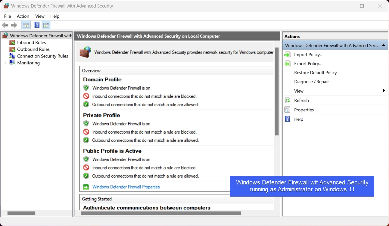 Windows Defender Firewall with Advanced Security running as Administrator