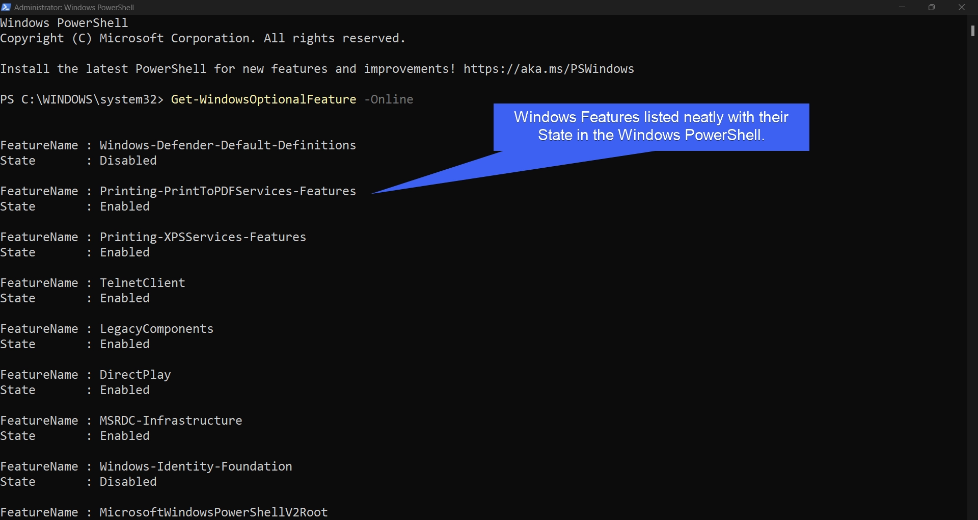 Windows PowerShell displaying Windows Features and their respective State