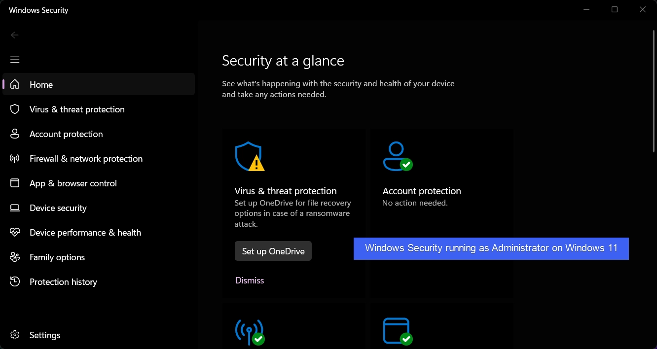 Windows Security running as Administrator