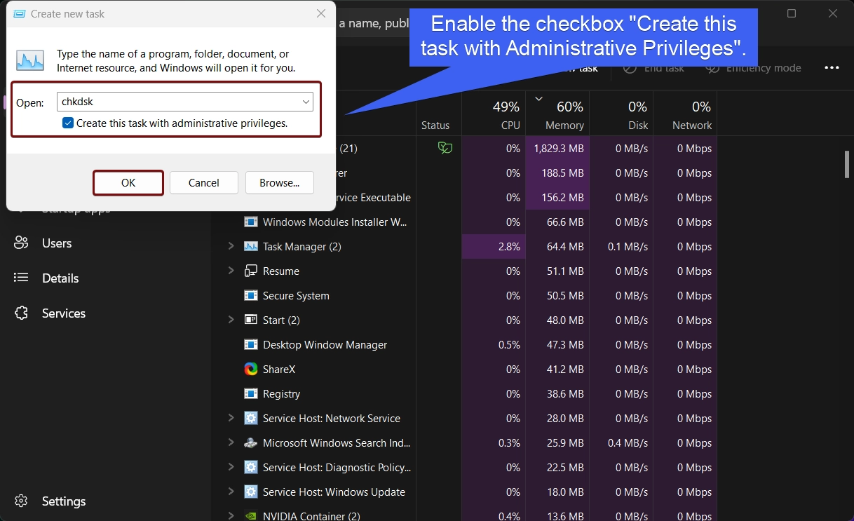 chkdsk task as admin created successfully using Task Manager