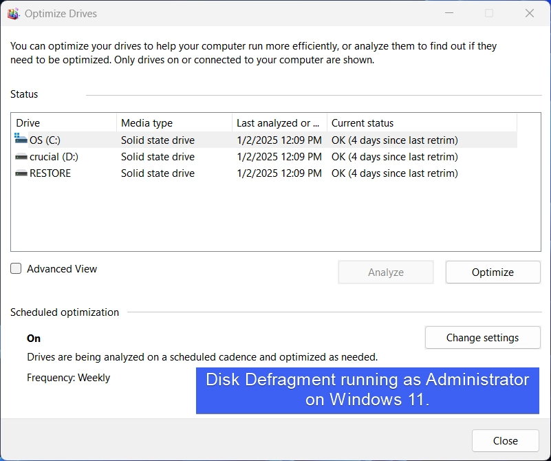 Disk Defragment running as Administrator on Windows 11