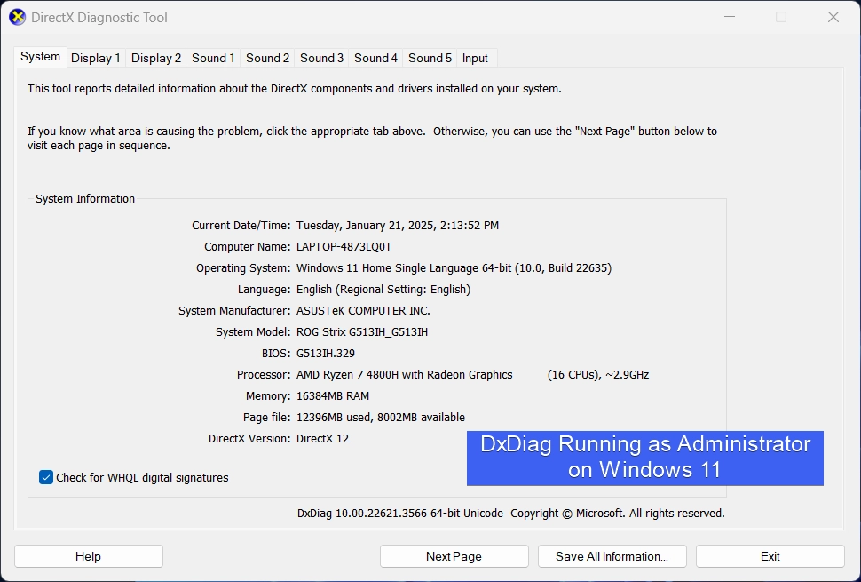 DxDiag Running as Administrator on Windows 11