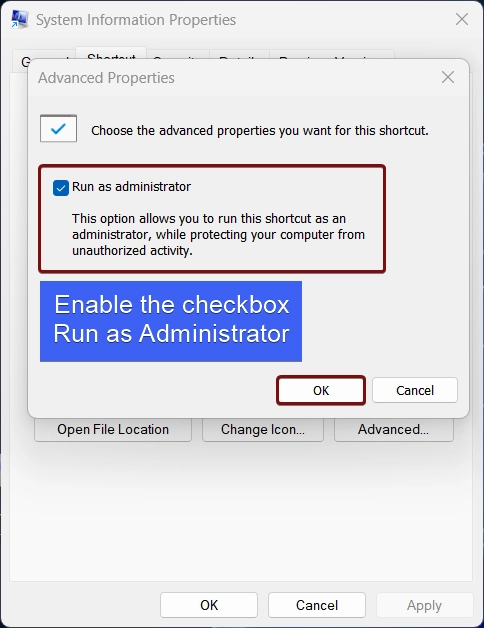 Enable the checkbox Run as Administrator