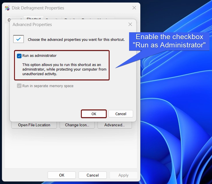 Enable the checkbox Run as Administrator