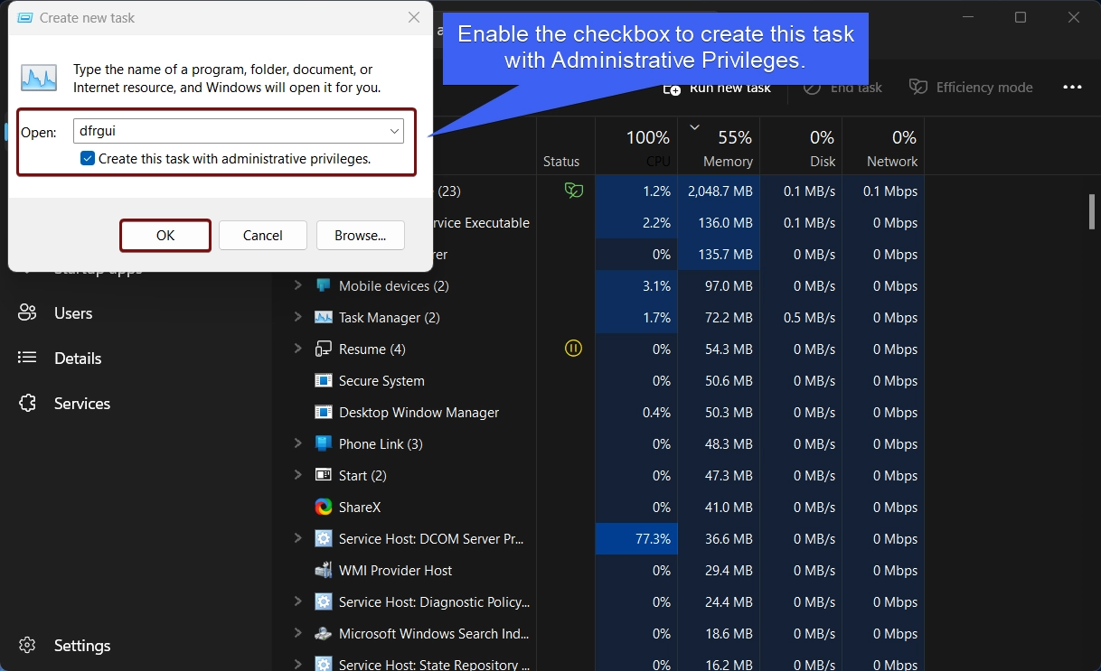 Enable the checkbox to create the task with Administrative Privileges