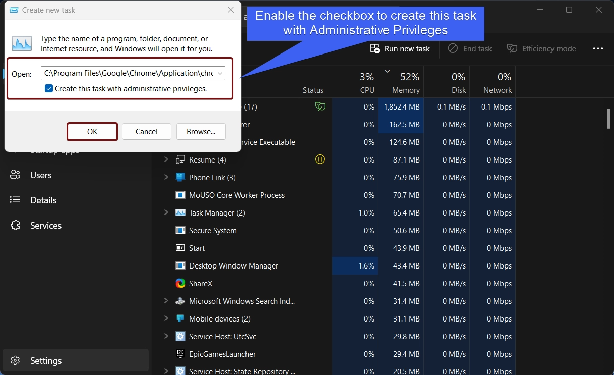 Enable the checkbox to create this task with Administrative Privileges