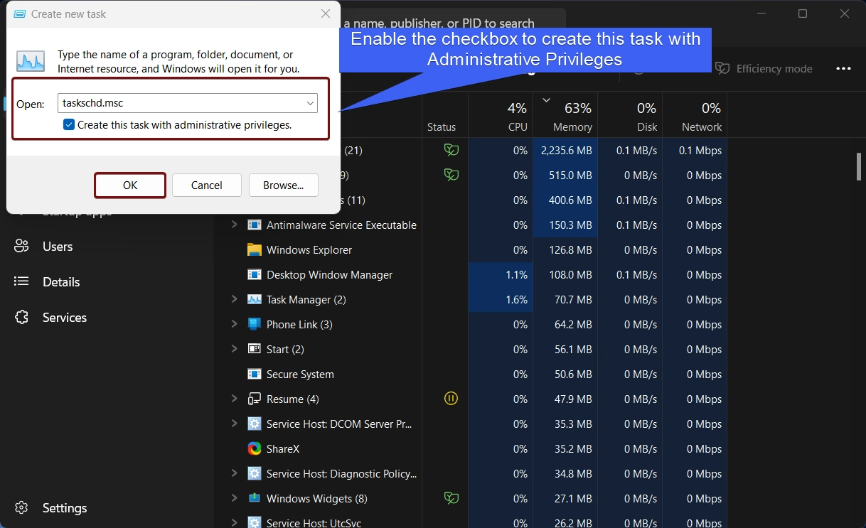 Enable the checkbox to create this task with administrative privileges