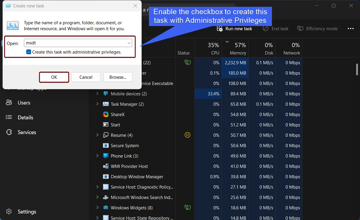 Enable the checkbox to create this task with administrative privileges