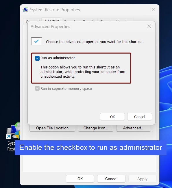 Enable the checkbox to run as administrator