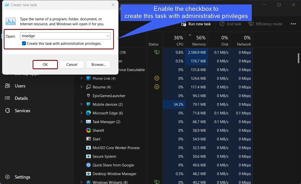 Enable the checkbox to run this task with admin privileges