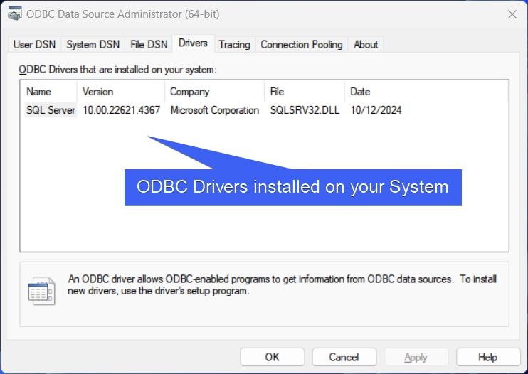 Information about ODBC Drivers Installed