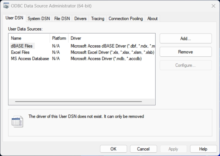 ODBC Data Source Administrator running on Windows 11