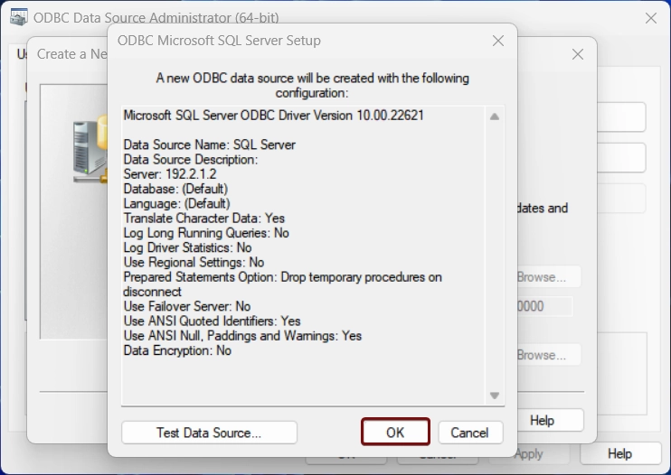 ODBC Microsoft SQL Server Setup Summary