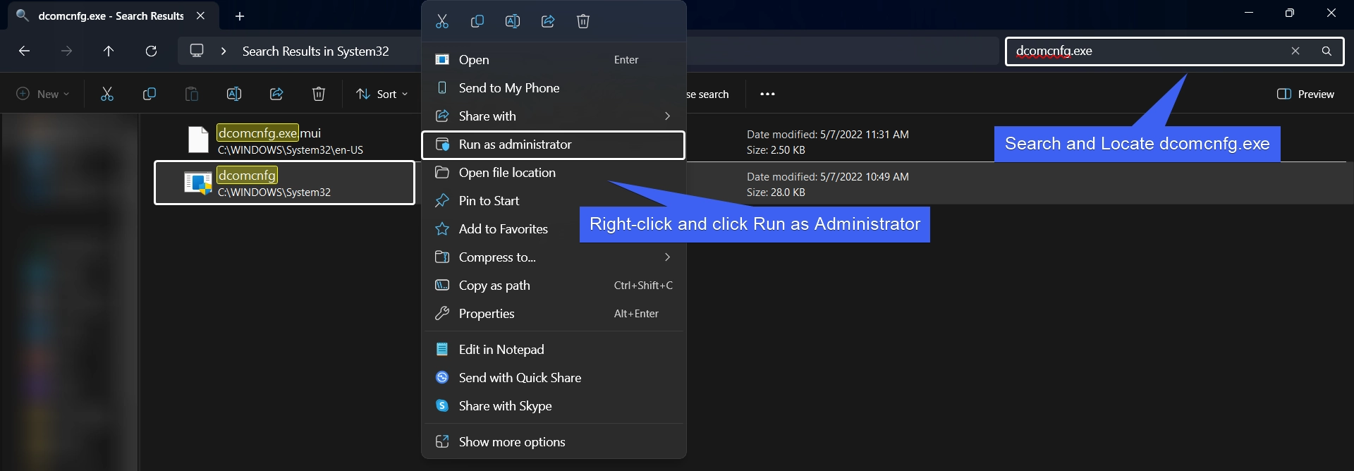 Open Component Services as Admin using the File Explorer