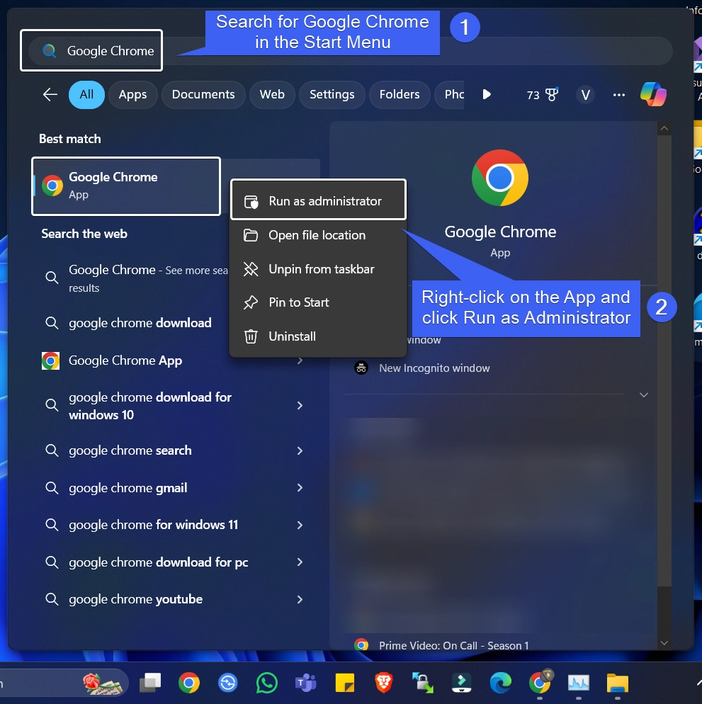 Open Google Chrome as Administrator using the Start Menu