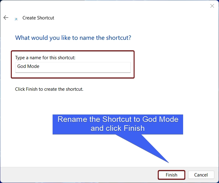 Rename the Shortcut and click Finish