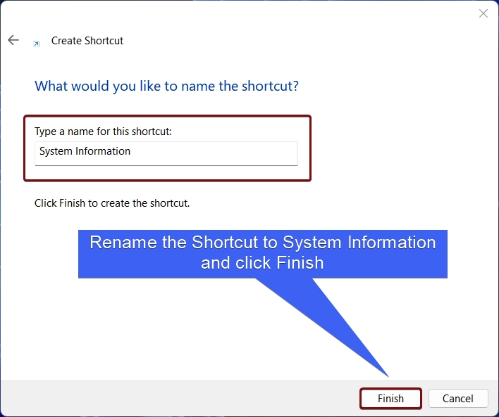 Rename the shortcut and click Finish