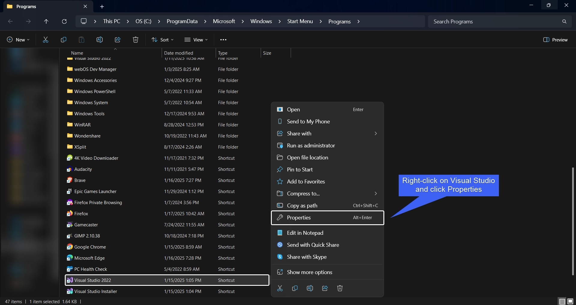 Right-click and click Properties