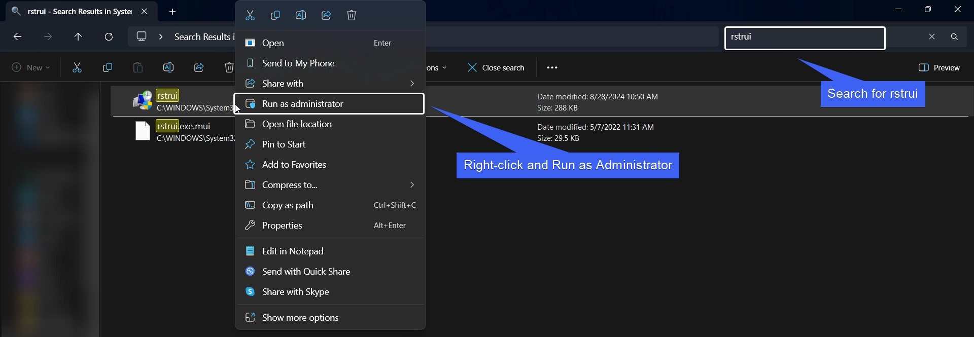 Right-click on rstrui and click Run as Administrator