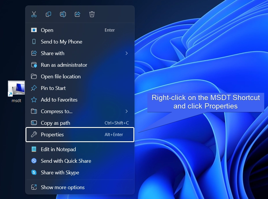 Right-click on the Shortcut and click Properties