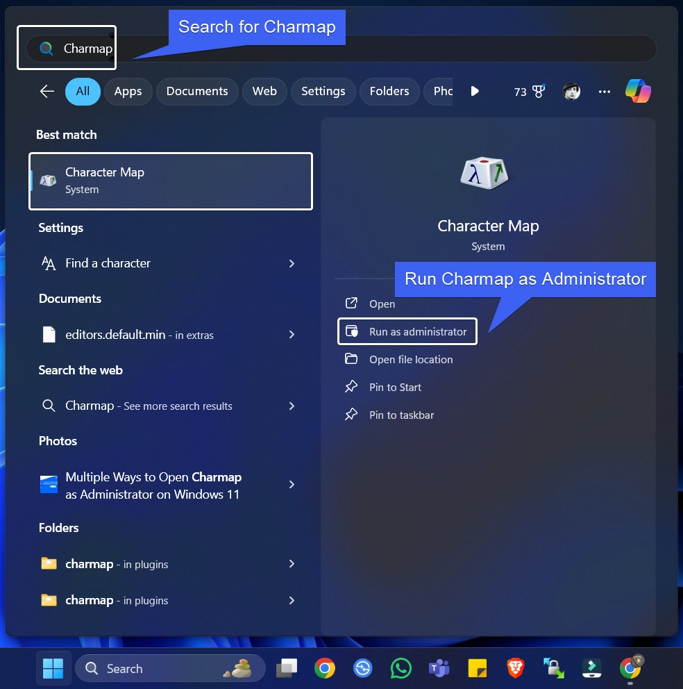 Run Charmap as Administrator using the Start menu