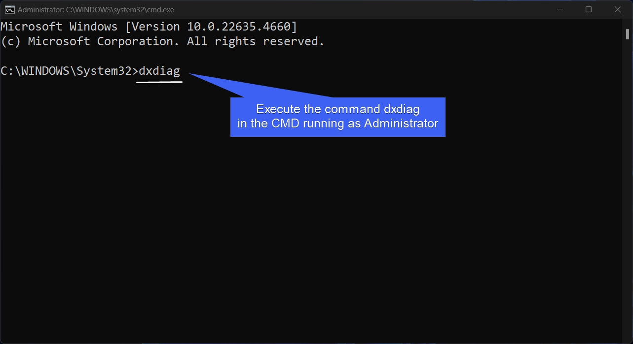 Running dxdiag as admin using the CMD