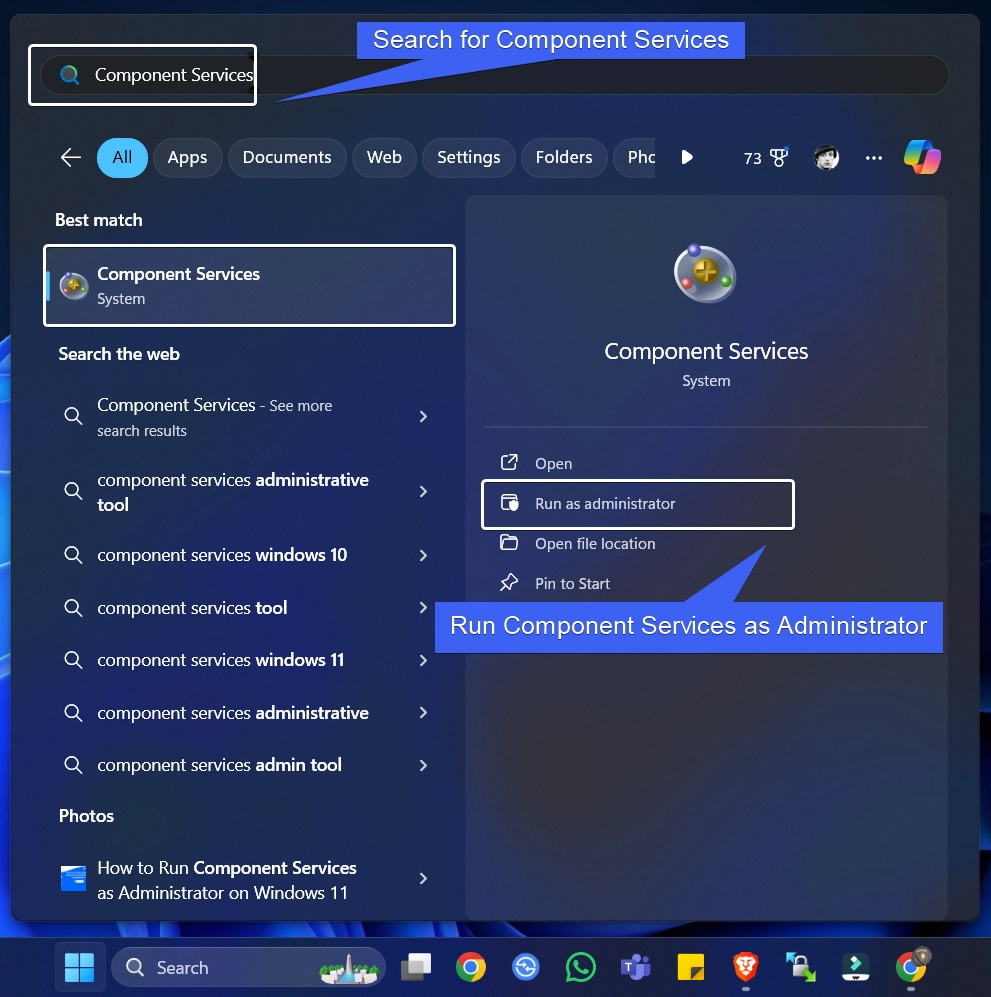 Search for Component Services in the Start menu