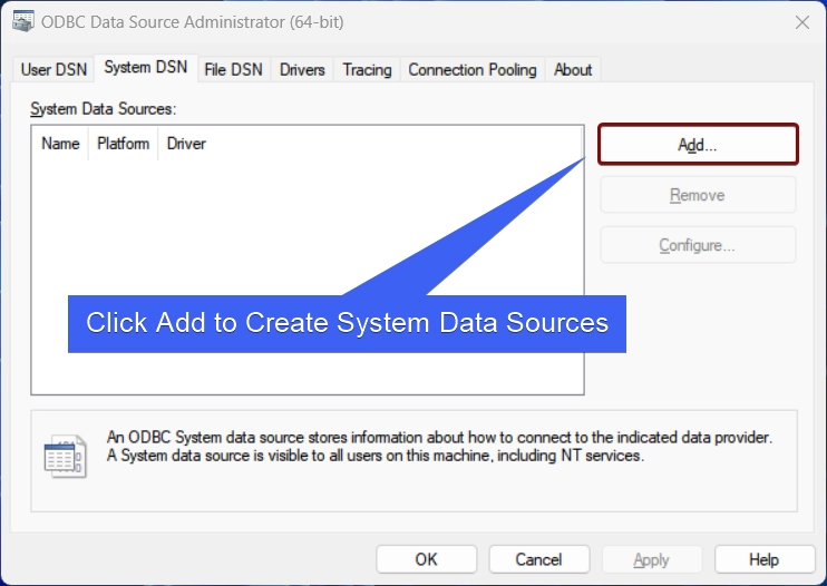 System DSN Data Sources