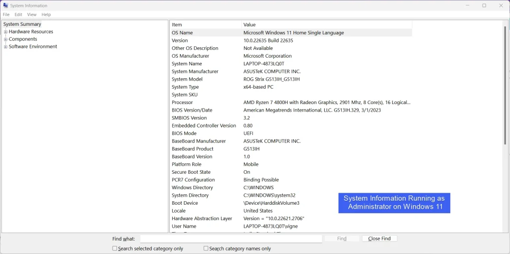 System Information Running as Admin on Windows 11