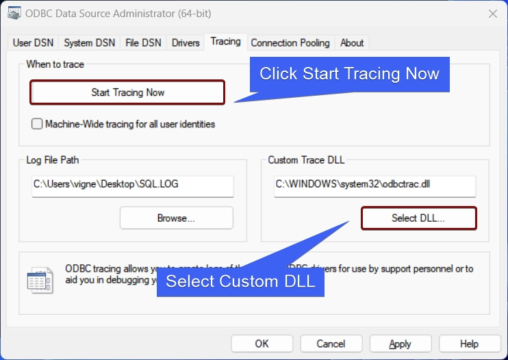 Tracing tab in the ODBC Data Sources