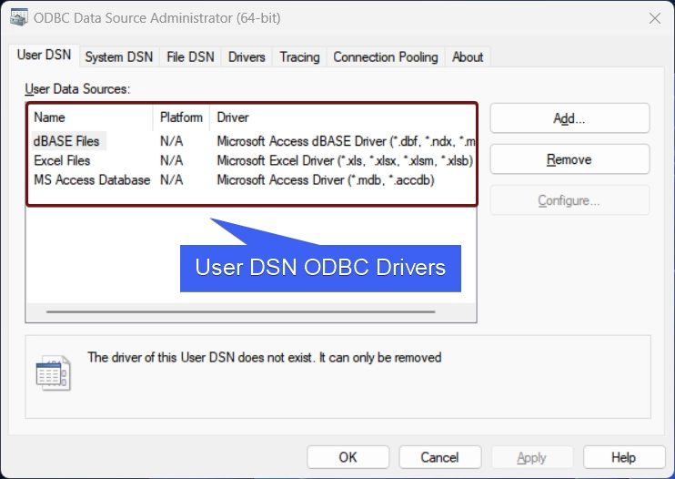 User DSN Drivers