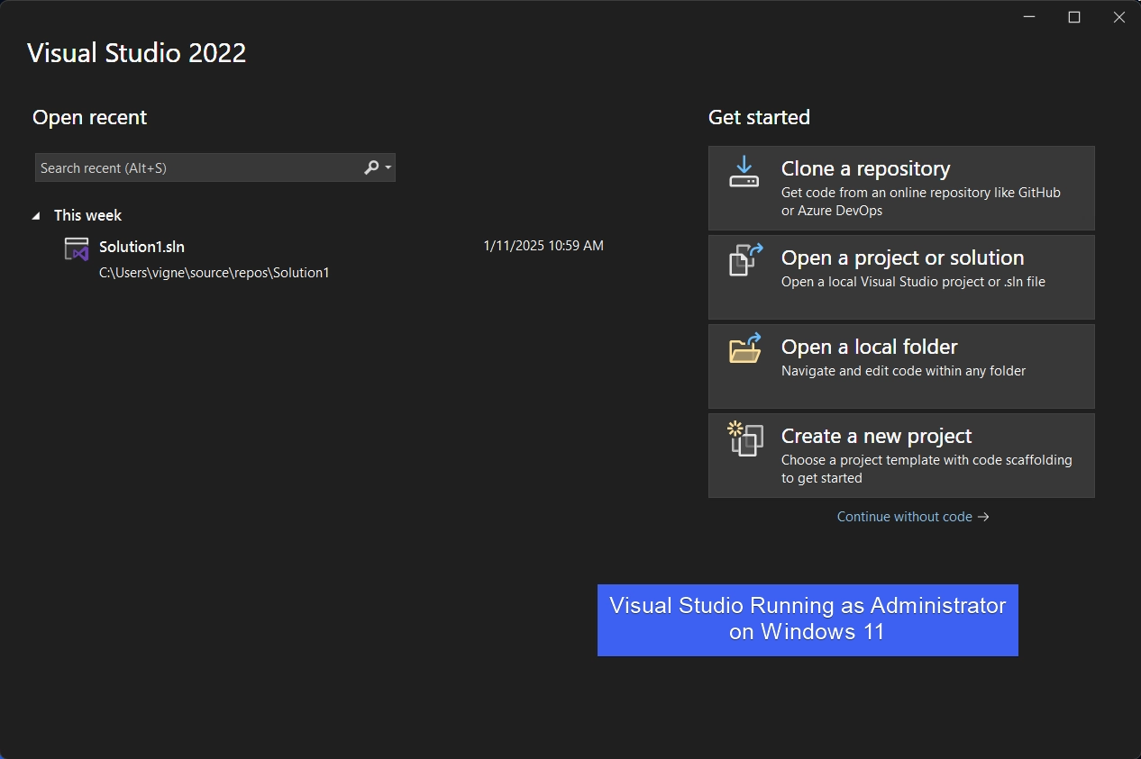 VS running as Admin on Windows 11