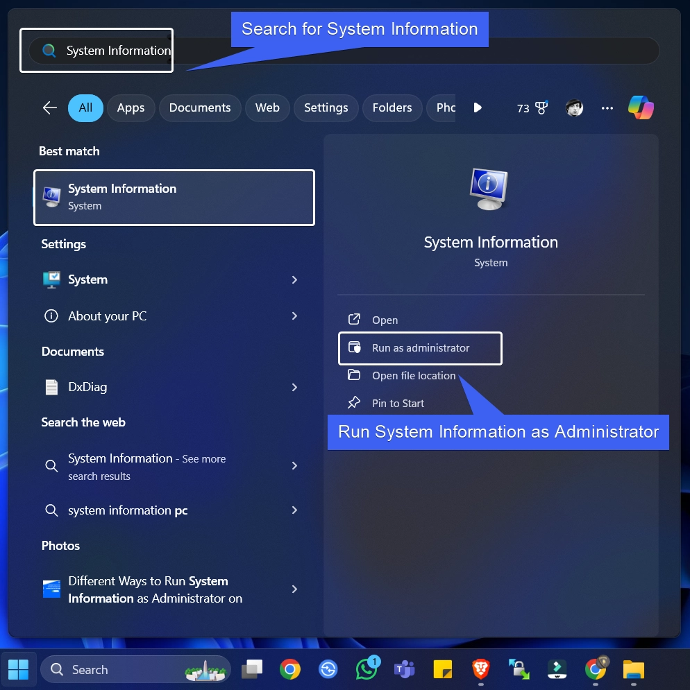 open System Information as Admin using the Start menu