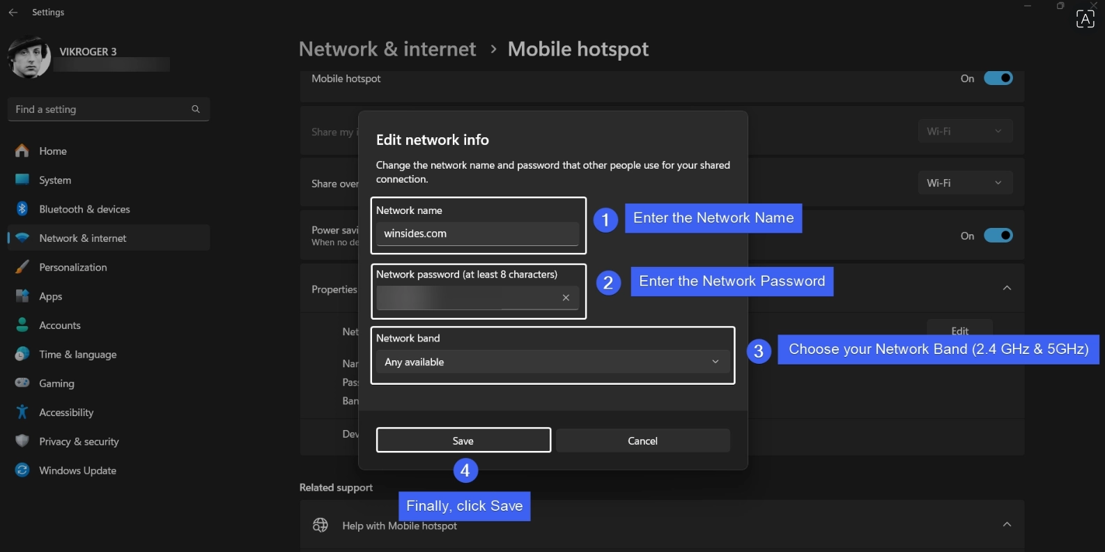 Enter your Mobile Hotspot Settings Information