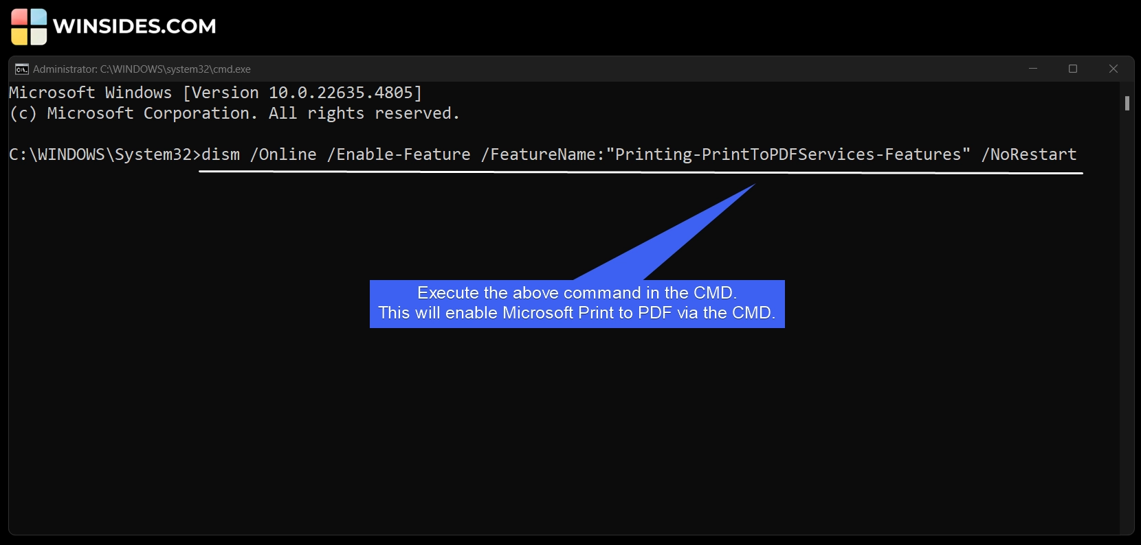 Execute the Microsoft Print to PDF Enable Command in the cmd