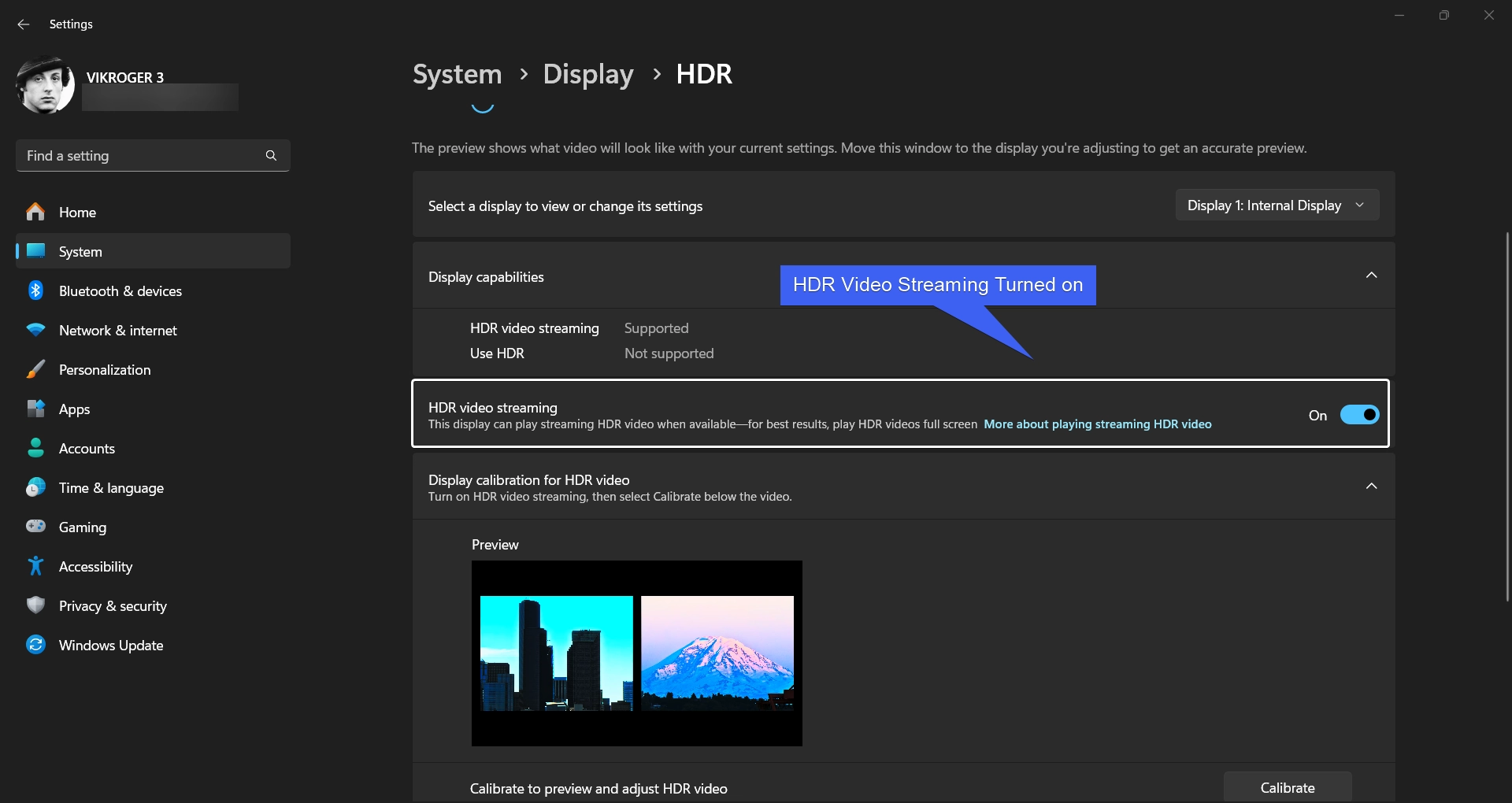 HDR Video Streaming Turned on Windows 11