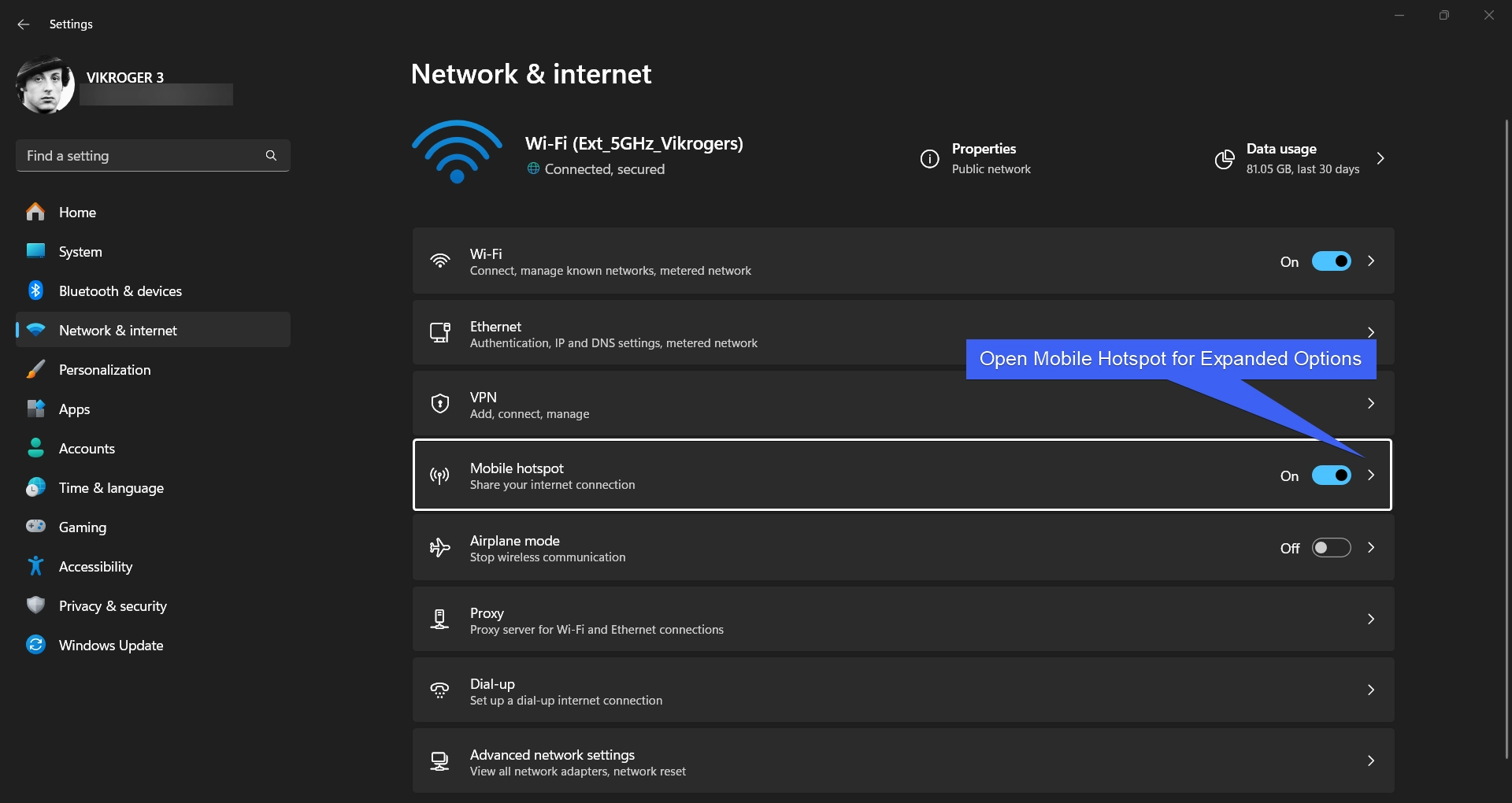 Open Mobile Hotspot for Expanded Options