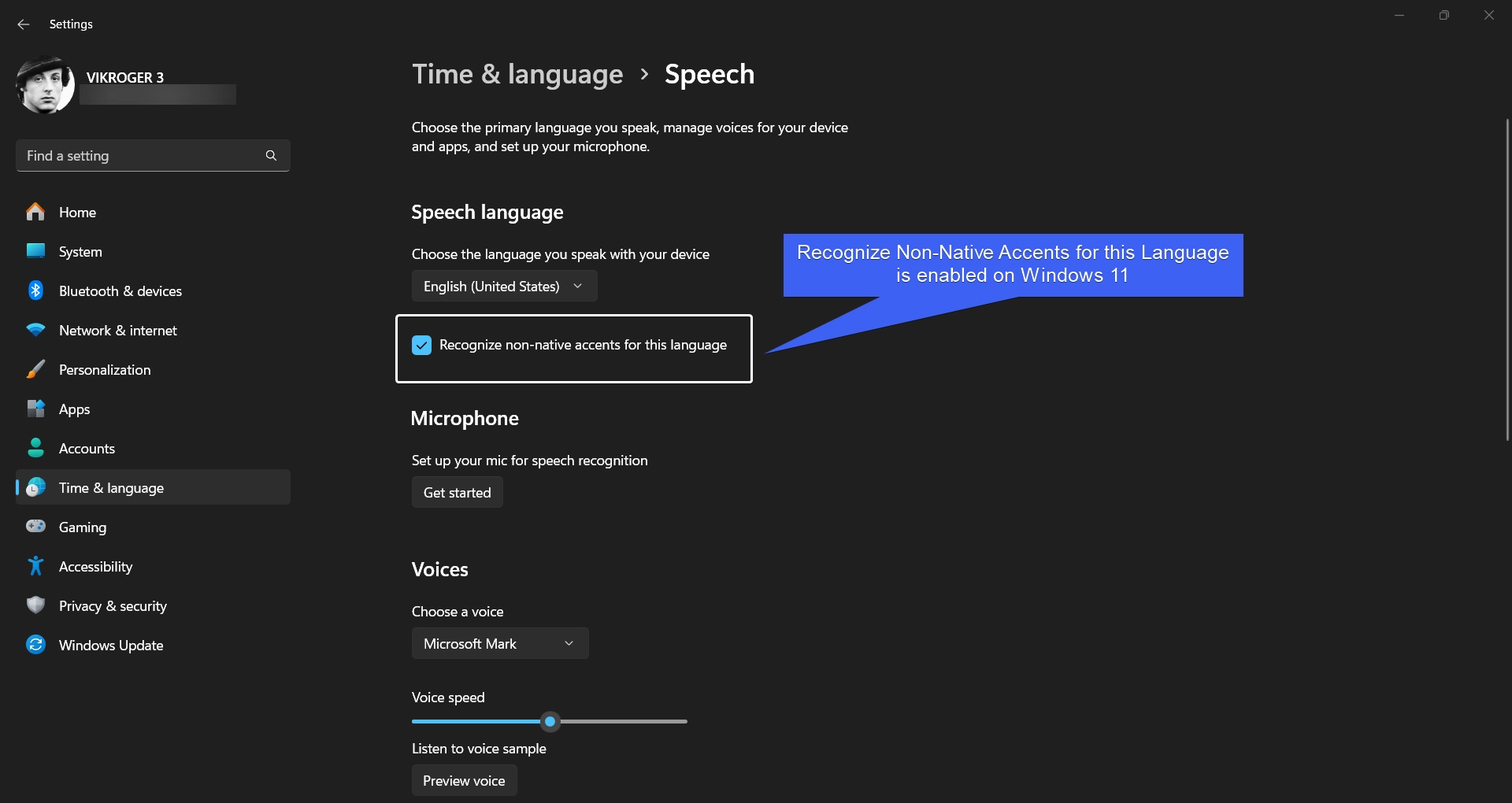 Recognize non-native accents for this language enabled on Windows 11