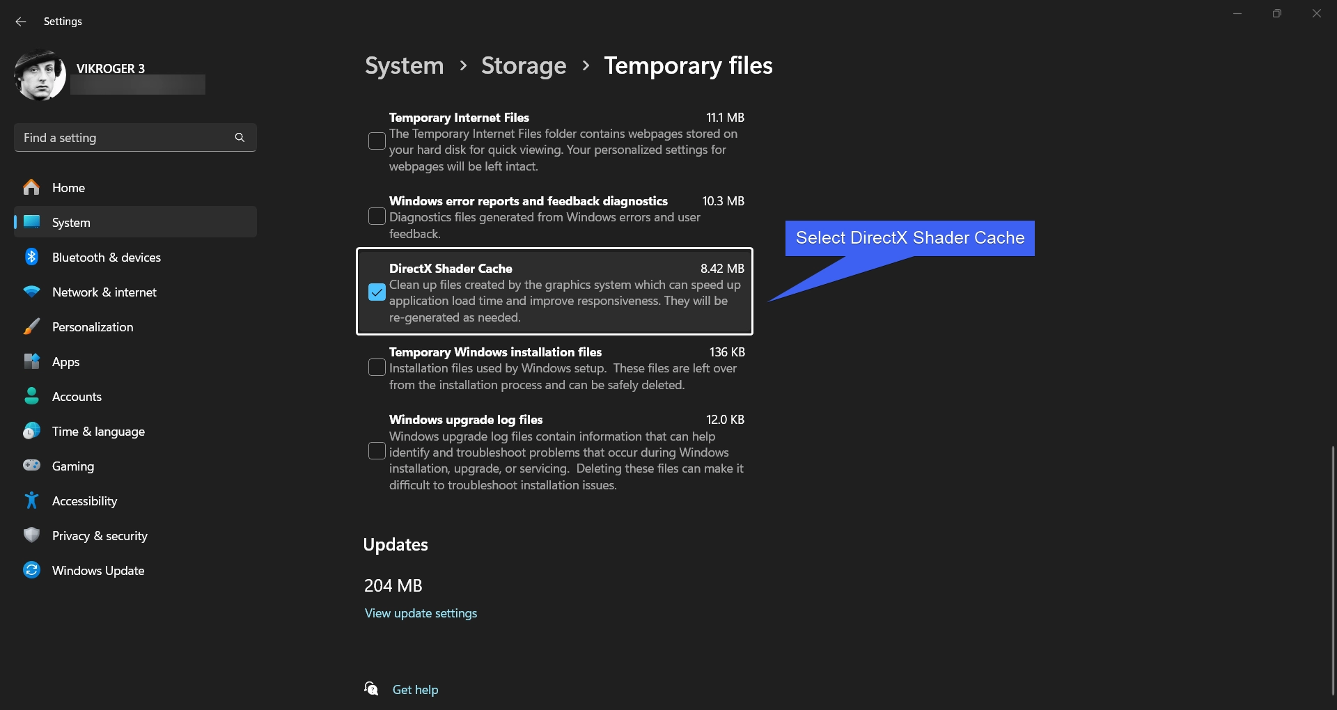 Select DirectX Shader Cache