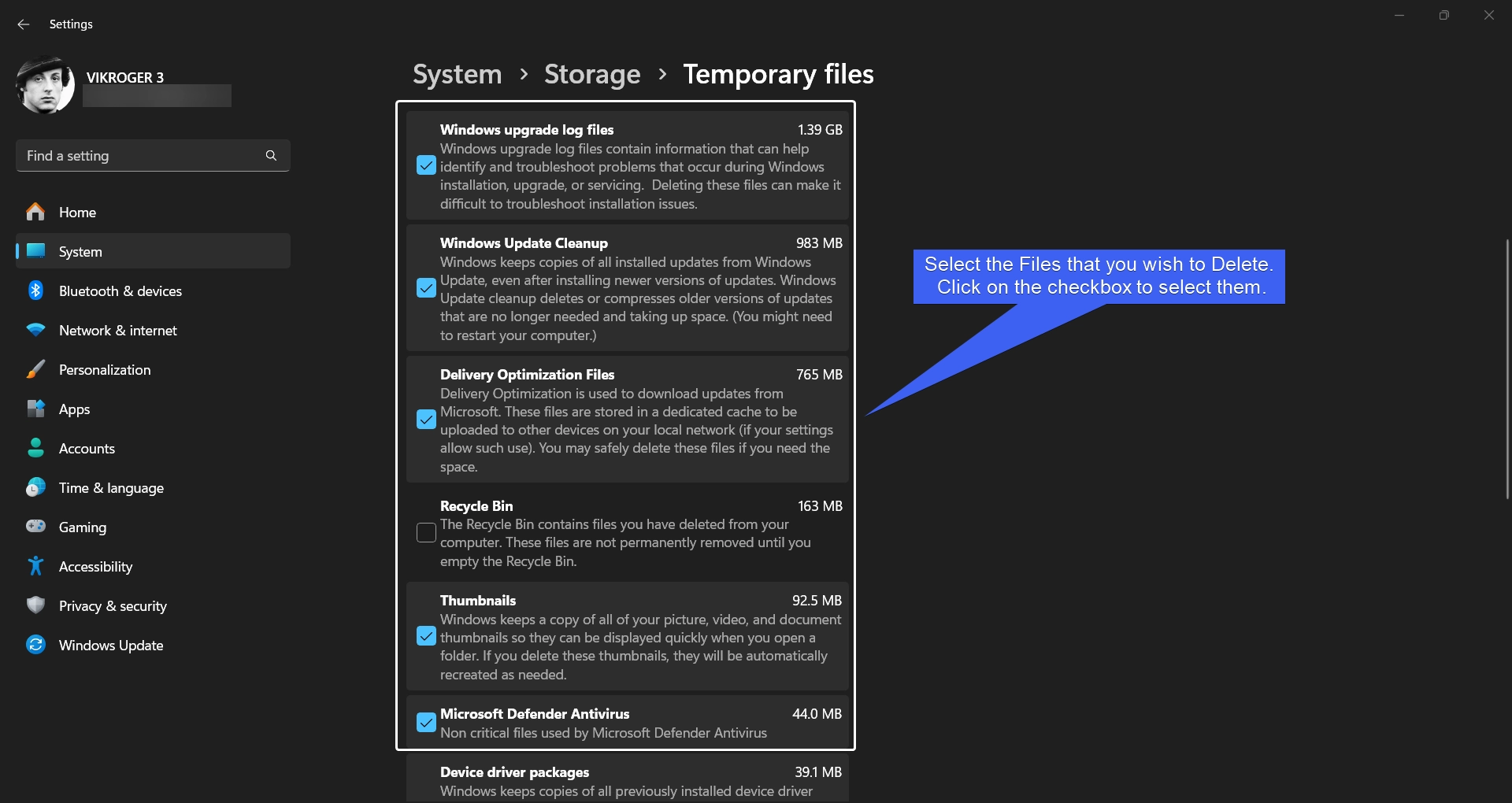 Select the Temporary Files