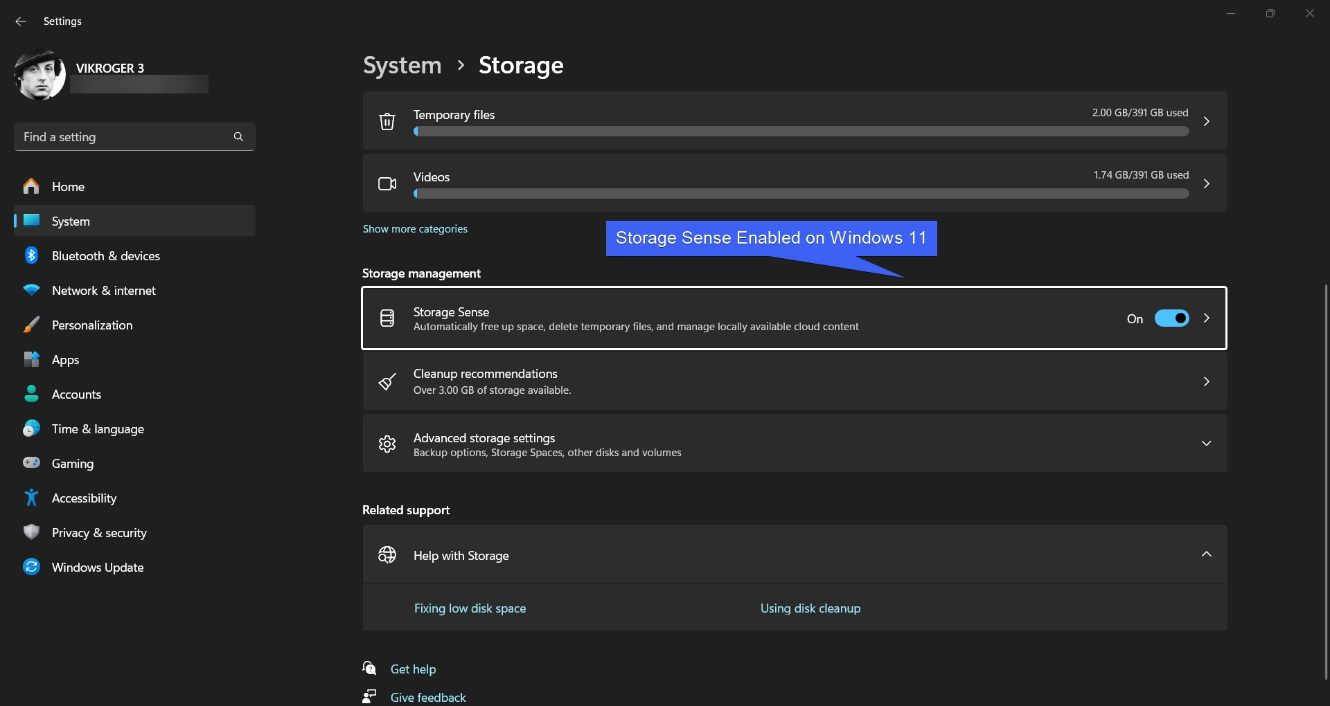 Storage Sense Enabled on Windows 11