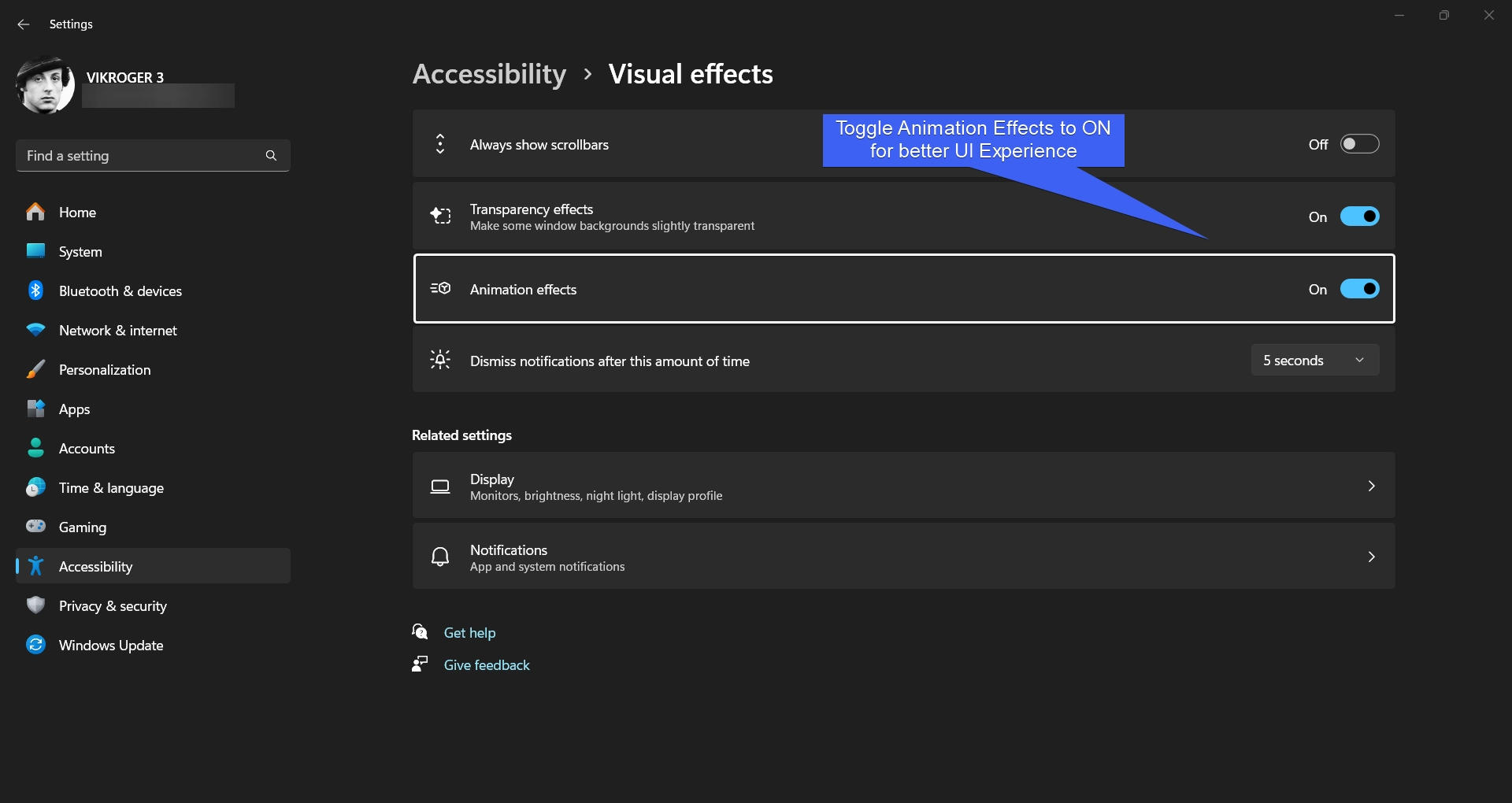 Toggle Animation Effects to ON for better UI Experience on Windows 11