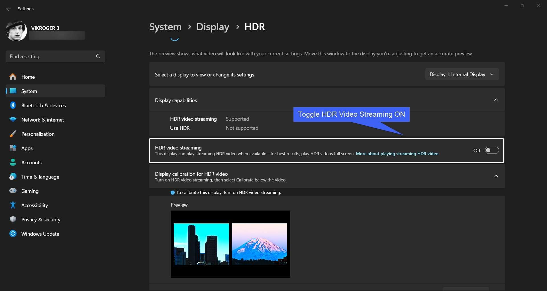 Toggle HDR Video Streaming ON