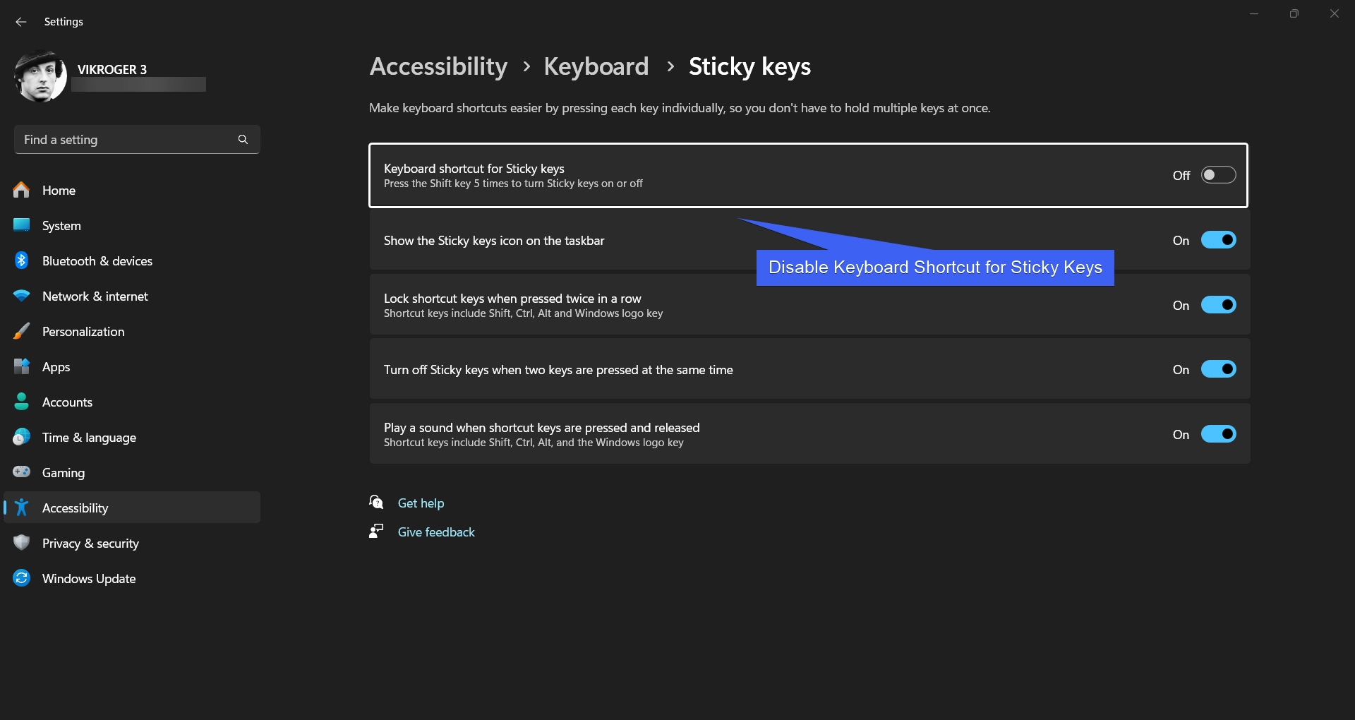 Turn off Sticky Keys on Windows 11