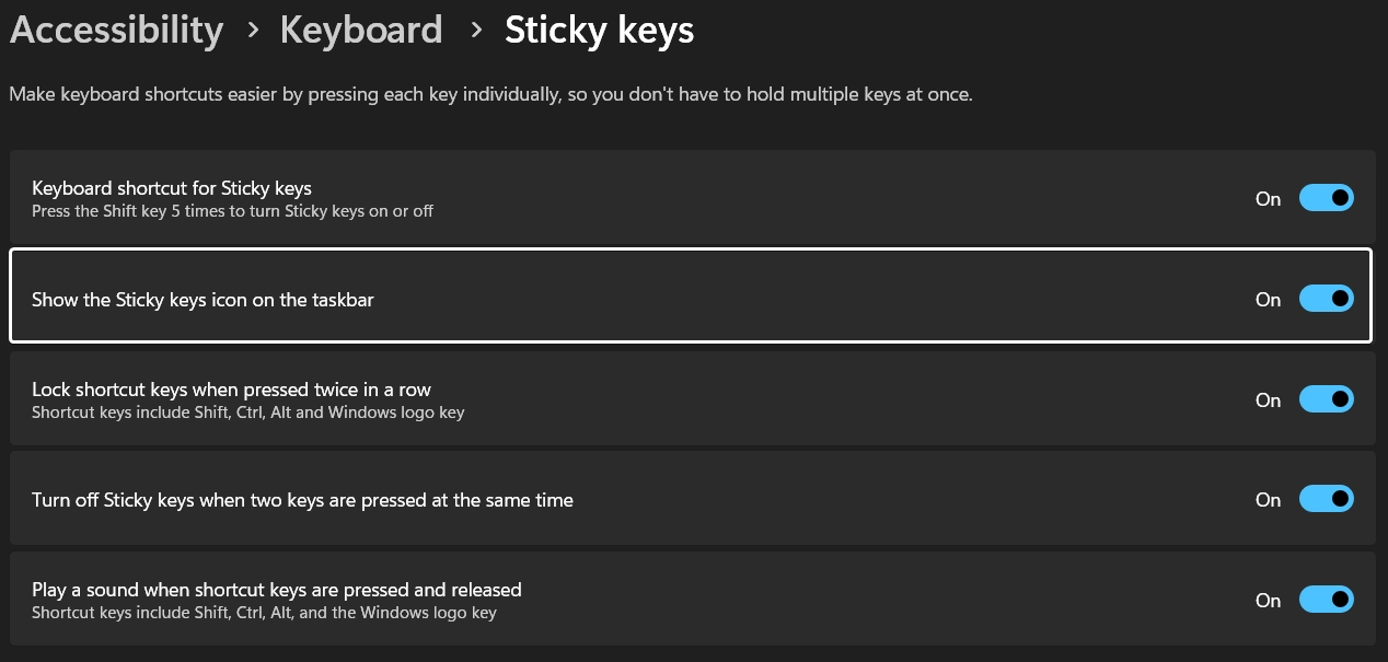 Show the Sticky keys icon on the taskbar