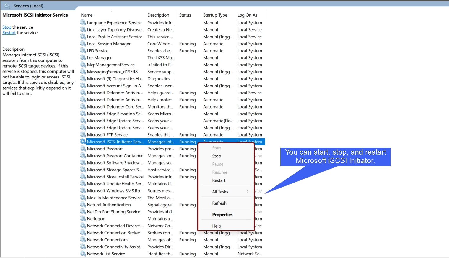 Start, Stop, and Restart Microsoft iSCSI Initiator