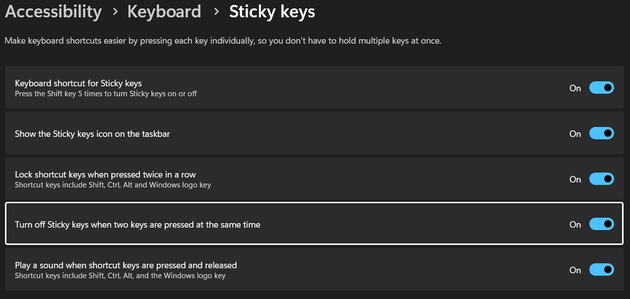 Turn off Sticky Keys when two keys are pressed at the same time